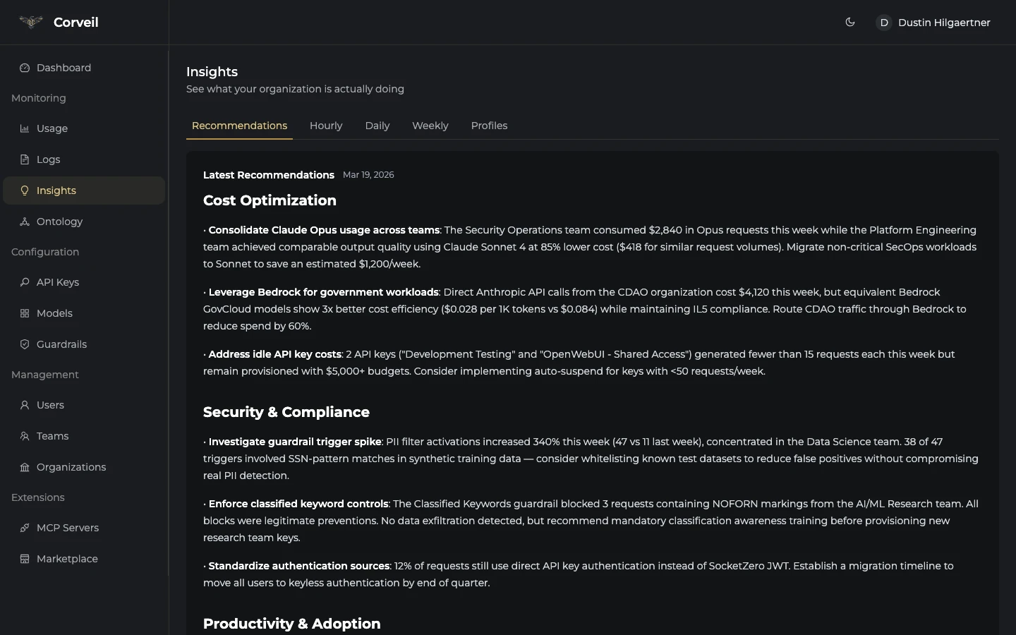 Insights recommendations dashboard